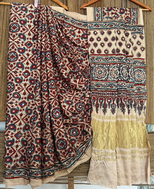 LINEN BEIGE AJRAKH HANDCRAFTED MIRROR AND SEQUENCE WORK MODAL SILK SARI WITH ZARI PALLU
