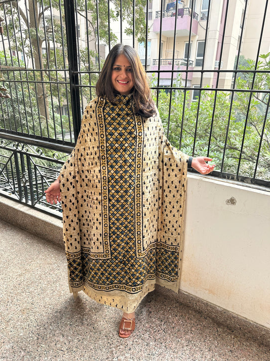 Ivory Panel Beautiful handcrafted Ajrakh Silk Velvet Kurta