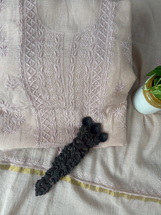 LIGHT PEACH PINK PREMIUM MULL CHANDERI LUCKNOWI CHICKENKARI HAND EMBROIDERY THREE PIECE SUIT