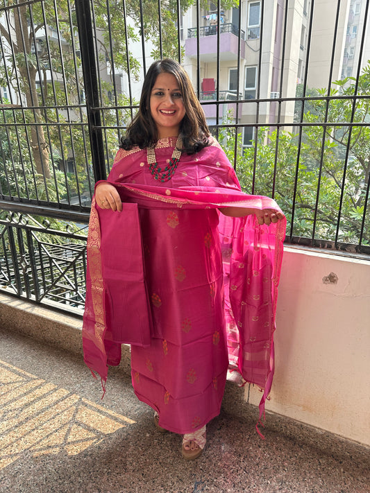 PINK Magenta Chanderi handloom Banarsi Booti three piece suit