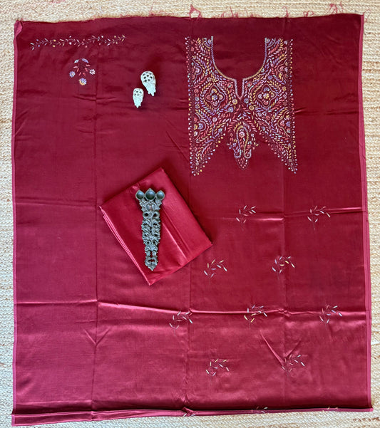 MAROON MASHRU SILK HAND EMBROIDERY KASHMIRI HANDEMBROIDERY SOZNI WORK CORD SET Cs- 30
