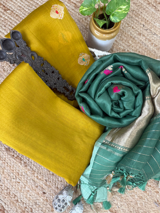 Mustard Yellow kora silk certified handloom banarsi kadwa booti meenakari three piece suit