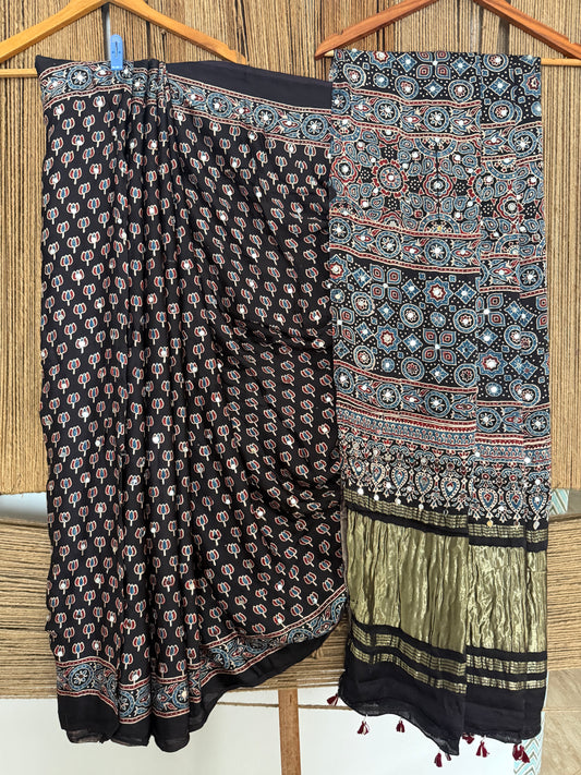BLACK AJRAKH HANDCRAFTED MIRROR WORK MODAL SILK SARI WITH ZARI PALLU
