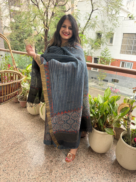 Indigo blue ajrakh butta linen silk handblock suit set