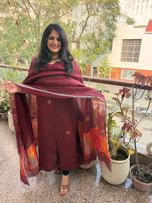 MAROON JAMDANI LINEN KURTA SET LJS-302