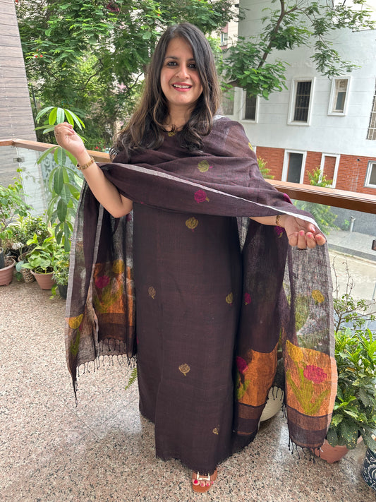 CHARCOAL BLACK WOVEN LINEN KURTA SET LJS-1043