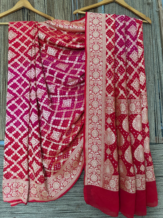 Red & Pink dual Shade Handwoven Neem Zari Bareek Bandhani Saree with Khaddi Georgette BS- 6