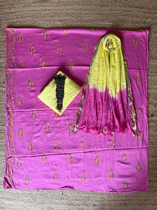 NEONPINK COTTON RAI BANDHANI SUIT SET