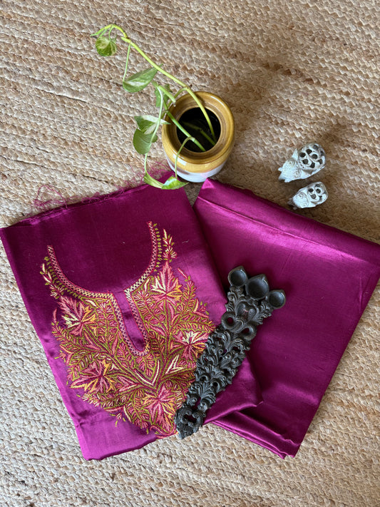 MAGENTA PURPLE MASHRU SILK HAND EMBROIDERY KASHMIRI HANDEMBROIDERY SOZNI WORK CORD SET Cs- 30
