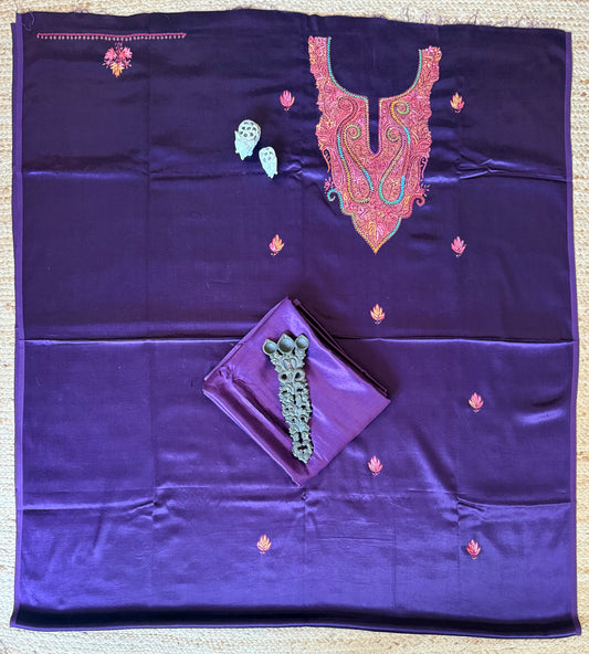 PLUM PURPLE MASHRU SILK HAND EMBROIDERY KASHMIRI HANDEMBROIDERY SOZNI WORK CORD SET Cs-5