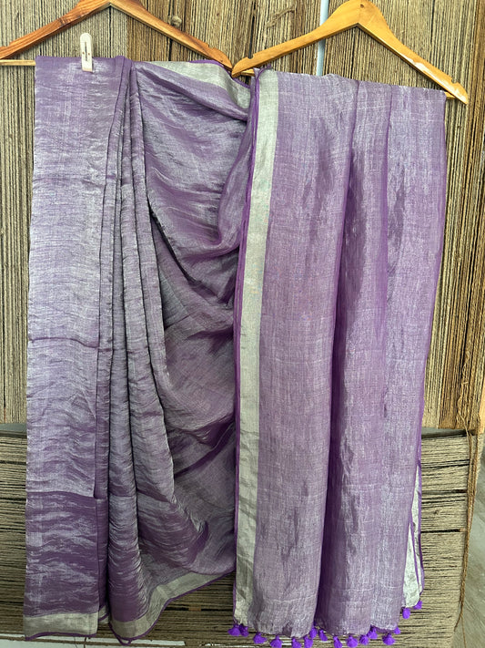 SUNSET PURPLE SILVER METALLIC LINEN SARI WITH WOVEN BORDER ML-13