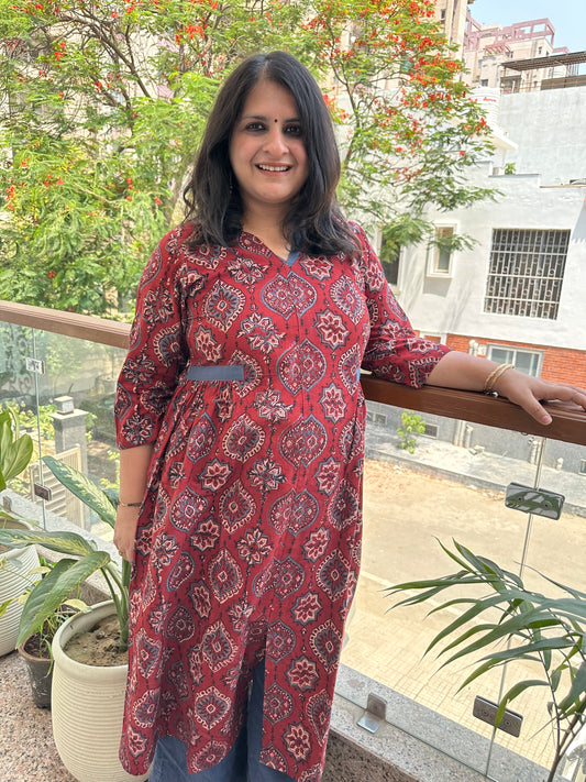 RED MAROON COTTON AJRAKH HANDCRAFTED KURTA