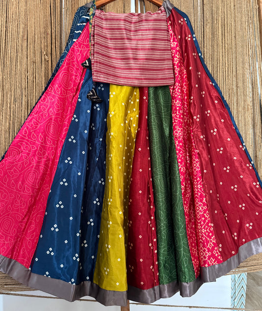 Maroon mashru silk blouse-with Multicolour patchwork handcrafted mashru silk Skirt