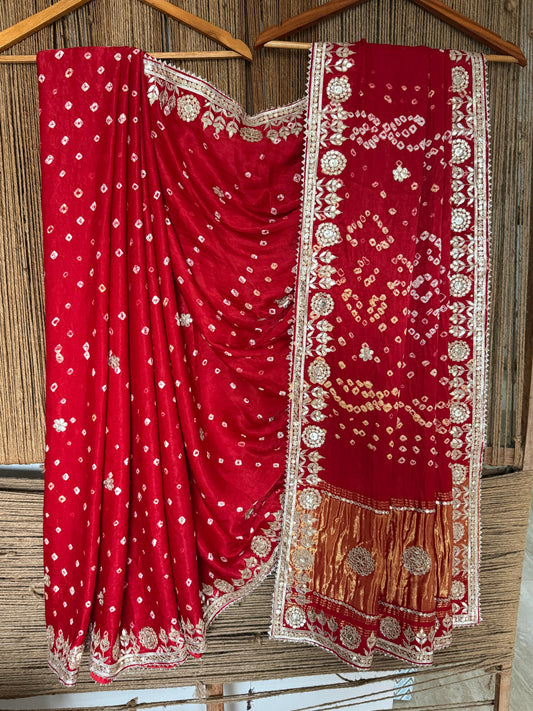 RED RAI BANDHANI MODAL SILK SARI WITH HANDEMBROIDERY GOTTA PATTI BS- 406