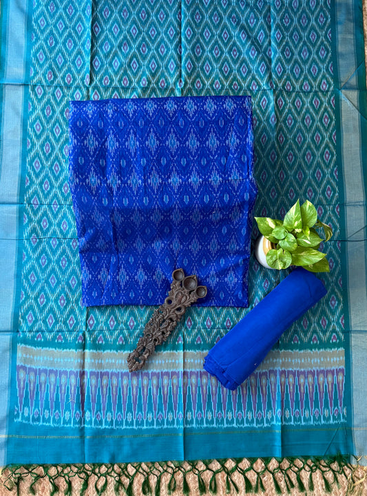 Blueberry Blue multi ikkat pure silk cotton hanwoven kurta with Bottom ikkat pure silk patola handwoven dupatta