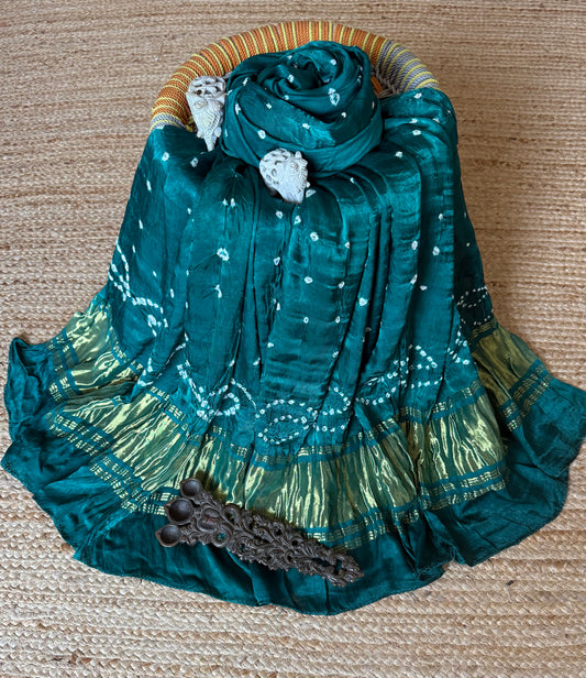 TEAL BLUE MODAL SILK BANDHANI DUPATTA WITH NAKSHI BORDER