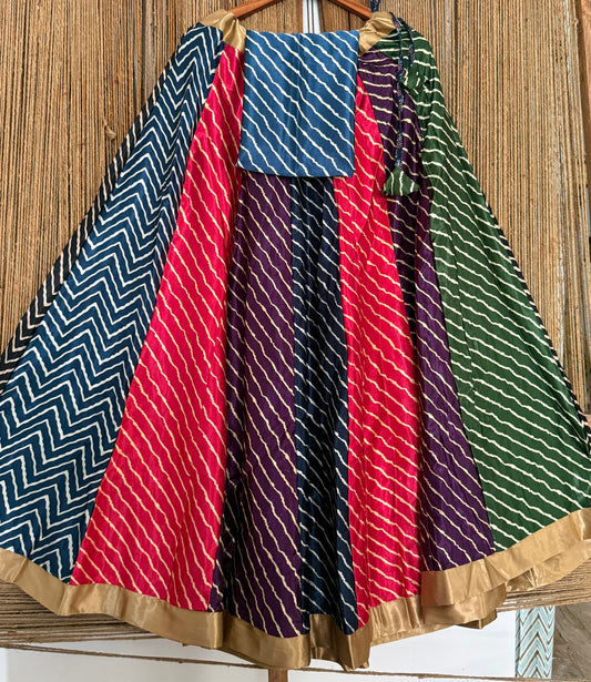 Blue mashru silk blouse-with Multicolour patchwork handcrafted mashru silk Skirt