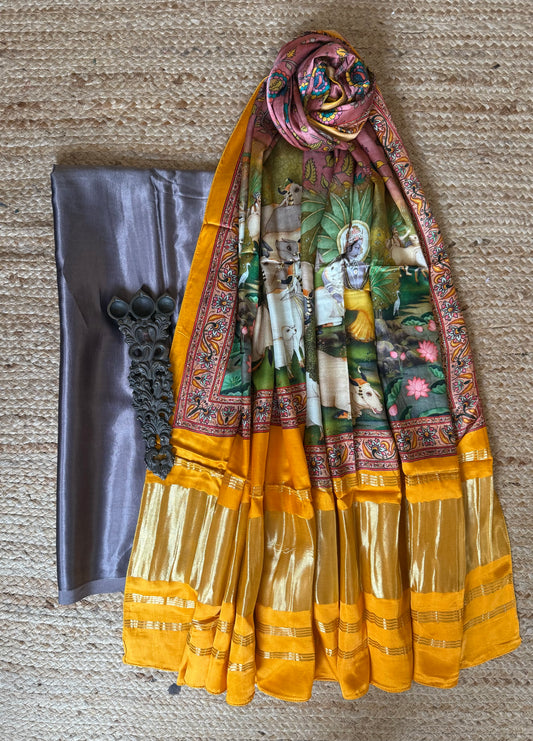 GREY SOLID MASHRU SILK KURTA WITH PATOLA PICHWAI PRINTED MODAL SILK DUPATTAS PS-10137