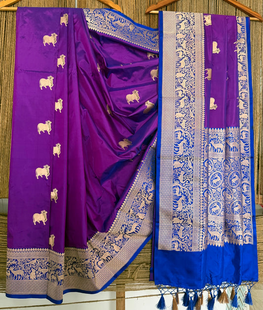 Luxury Purple Katan silk certified handloom banarsi sari with woven zari