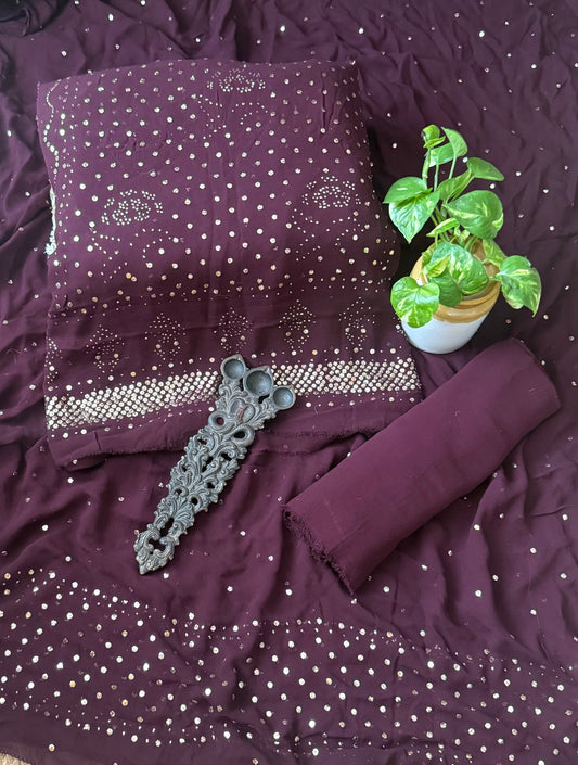 Hickory Brown premium mukesh work Georgette lucknowi chickenkari hand embroidery three piece suit