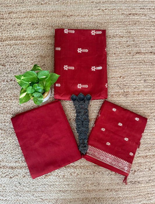 Mars Maroon Chanderi handloom banarsi booti three piece suit