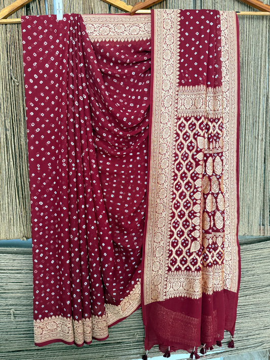 Maroon Handwoven Neem Zari Bareek Bandhani Saree with Khaddi Georgette BS- 303