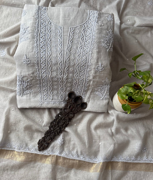 COPPER PREMIUM MULL CHANDERI LUCKNOWI CHICKENKARI WITH MOTI WORK HAND EMBROIDERY THREE PIECE SUIT