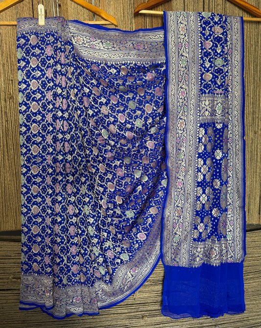 Blue handwoven neem zari bareek bandhani saree with khaddi georgette with meenakari work bs- 14