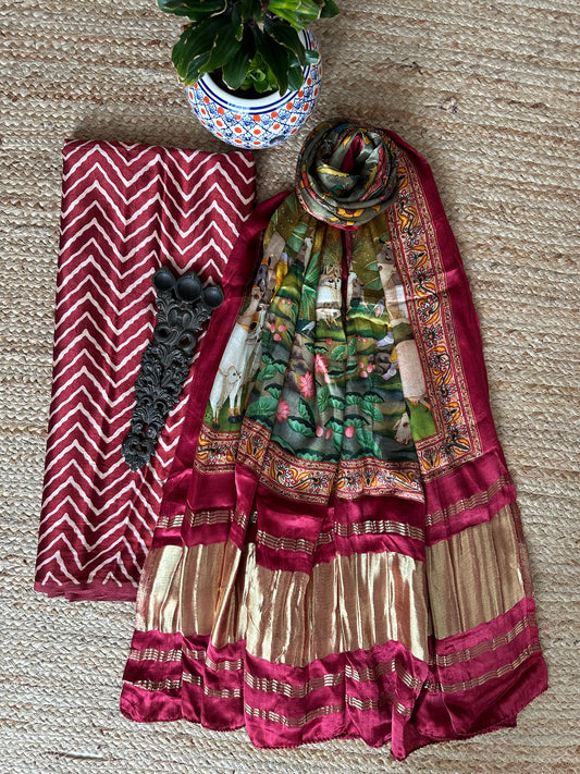MAROON ZIGZAG MASHRU SILK KURTA WITH PATOLA PRINTED MODAL SILK DUPATTAS PS-16