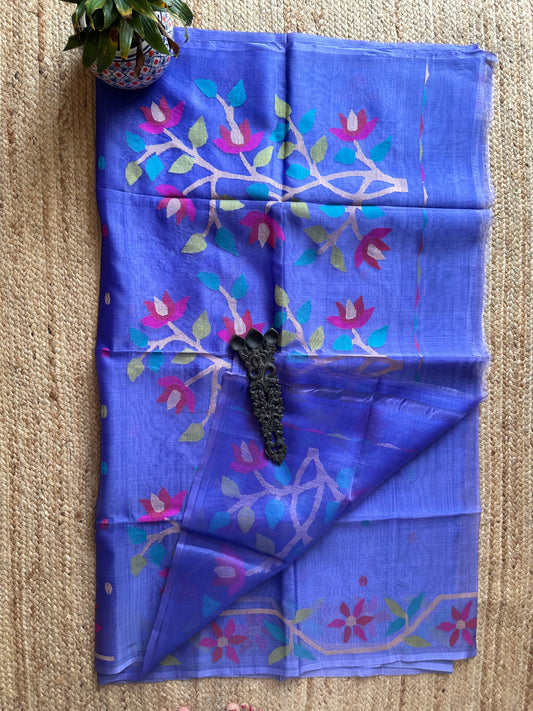 Blue jamdani handwoven pure muslin silk sari