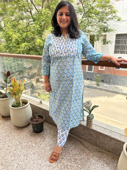 GREEN BLUE FLORAL COTTON HANDBLOCK HANDCRAFTED KURTA SET WITH BORDER