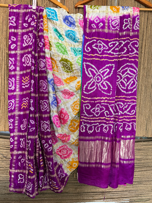PURPLE & MULTI COLOUR GAJJI SILK GHARCHOLA RAI BANDHANI GAJJI SARI BS- 209