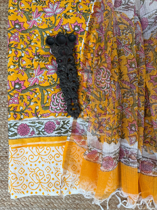 Yellow cotton handblock suit set