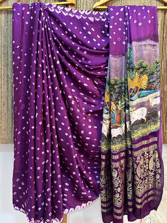 Purple Modal silkBandhani  handcrafted with Pichwai Print Sari in Nakshi Elephant  Border  BPS 17