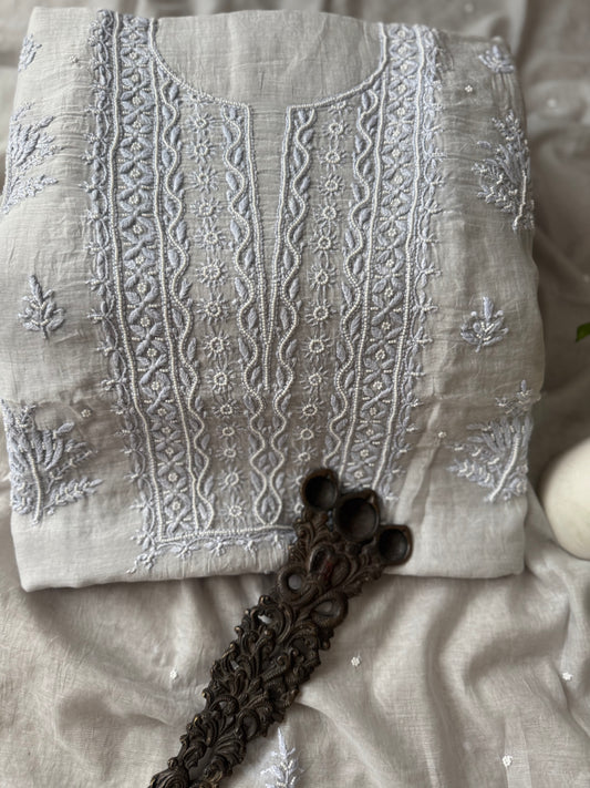 COPPER PREMIUM MULL CHANDERI LUCKNOWI CHICKENKARI WITH MOTI WORK HAND EMBROIDERY THREE PIECE SUIT