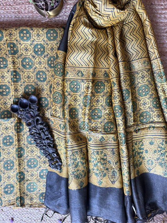 Mustard yellow ajrakh tussar silk handblock suit set tss- 8