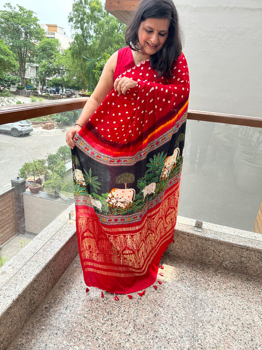 Red Modal silk bandhani  handcrafted with Pichwai Print Sari in Nakshi Elephant  Border  BPS 2