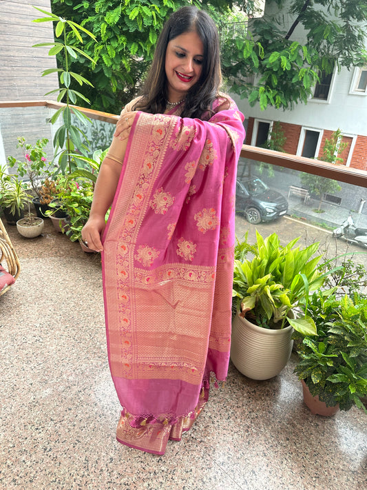 GRAPE PURPLE BANARASI DUPION SILK CERTIFIED ZARI WOVEN  SARI