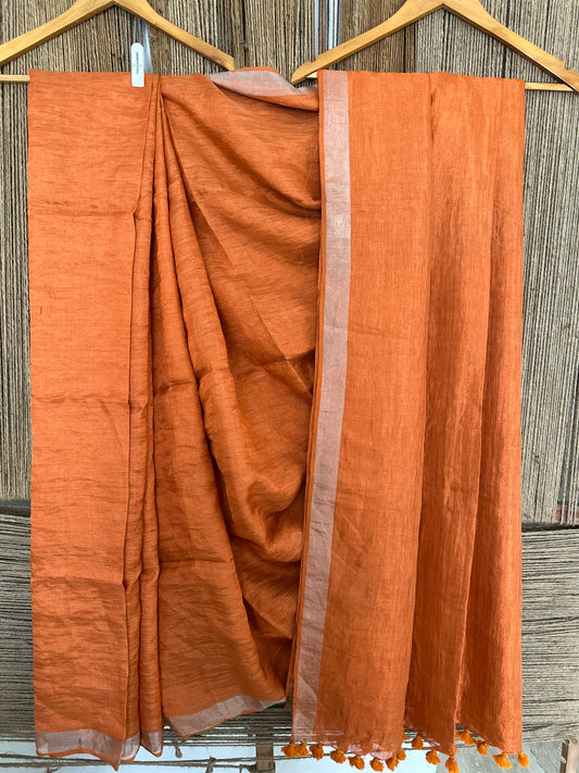 TANGERINE ORANGE COPPER METALLIC LINEN SARI WITH WOVEN BORDER AND TASSELS ML-62