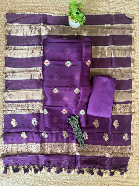 Palatinate Purple kora silk certified handloom banarsi kadwa booti meenakari three piece suit