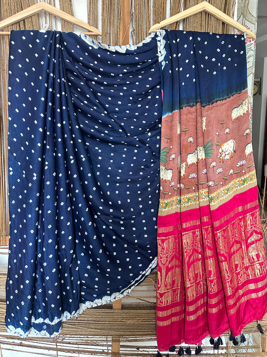 Blue Modal silk bandhani handcrafted with Pichwai Print Sari in Nakshi Elephant Border BPS 6