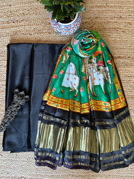 BLACK MASHRU SILK KURTA WITH PATOLA HANDCRAFTED MODAL SILK DUPATTA PS- 1069