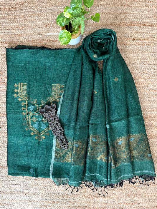 BOTTLE GREEN JAMDANI LINEN HANDWOVEN KURTA SET