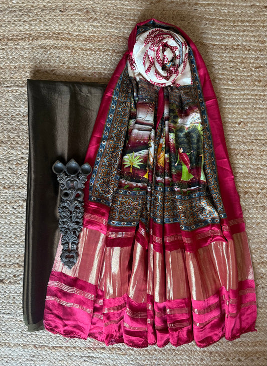 WOOD BROWN MASHRU SOLID SILK KURTA WITH PATOLA HANDCRAFTED MODAL SILK DUPATTA