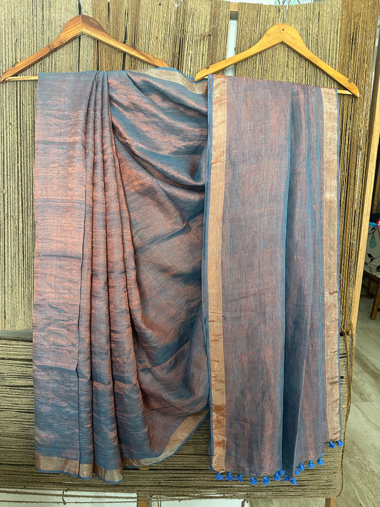 SKY BLUE COPPER METALLIC LINEN SARI WITH WOVEN BORDER ML-20