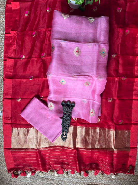 Bubblegum Pink kora silk certified handloom banarsi kadwa booti meenakari three piece suit