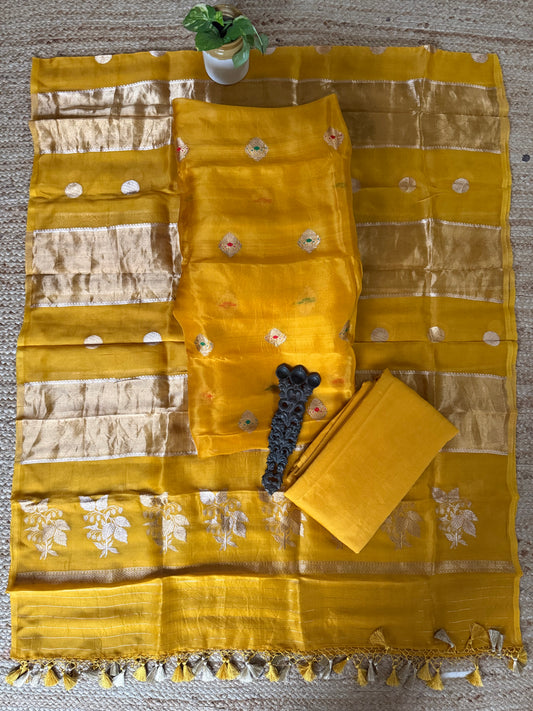 Chrome Yellow kora silk certified handloom banarsi kadwa booti meenakari three piece suit