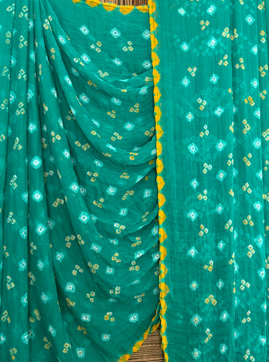 Turquoise Blue Bandhani handcrafted chiffon sari