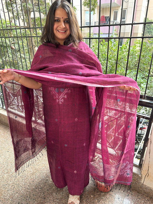 MAGENTA PINK WOVEN LINEN KURTA SET LJS-1036