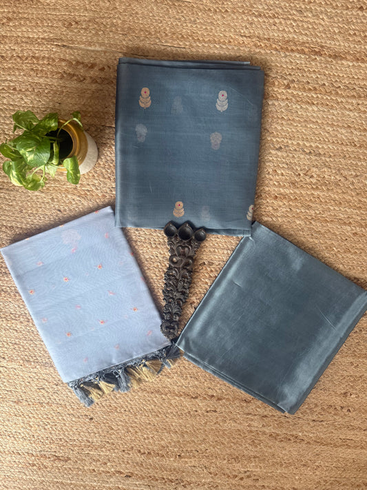 Ash Grey kora silk certified handloom banarsi kadwa booti meenakari Ombré Shade Duppatta three piece suit